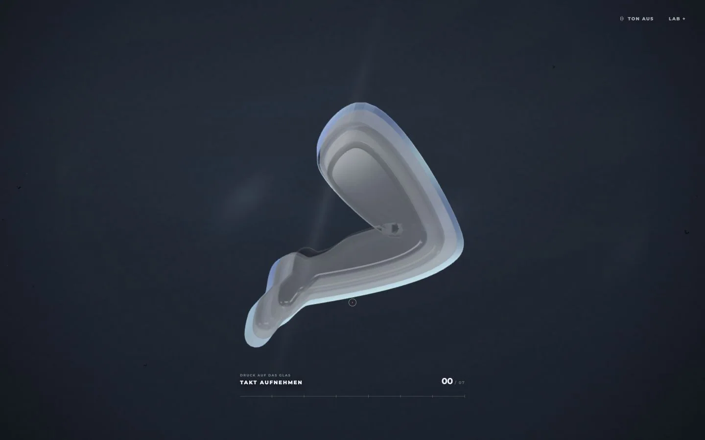 Central glass leg sculpture against a dark spatial background