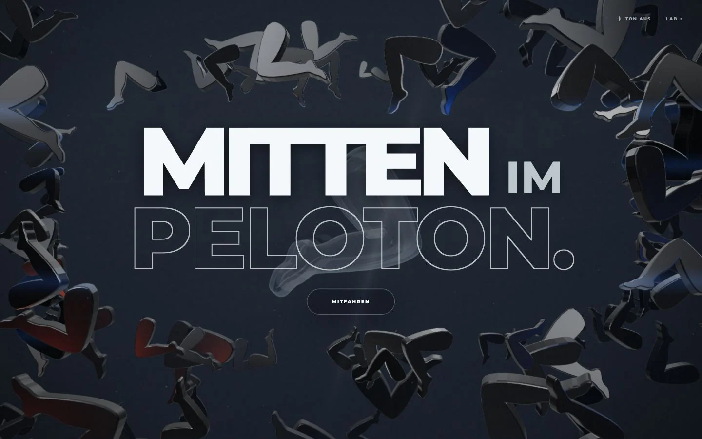 WebGL peloton of floating metallic leg shapes with the title Mitten im Peloton